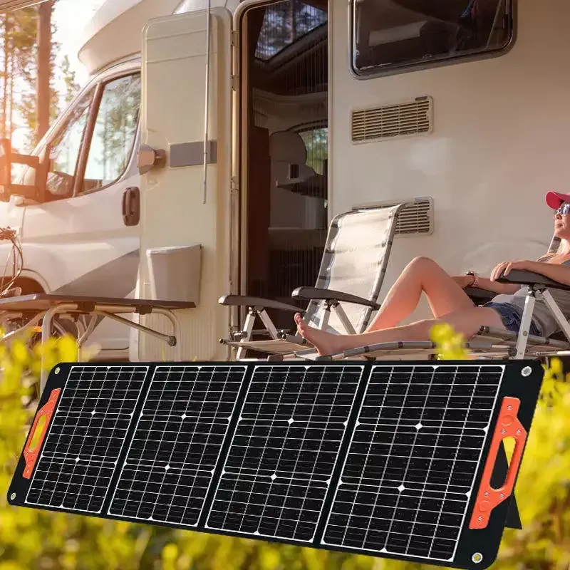 Solar Panel 200W Portable Foldable - 折りたたみ式ソーラーパネル 200W 18V 単結晶シリコン製、持ち手付き、高効率、屋外でのキャンプ、釣り、農作業に最適。