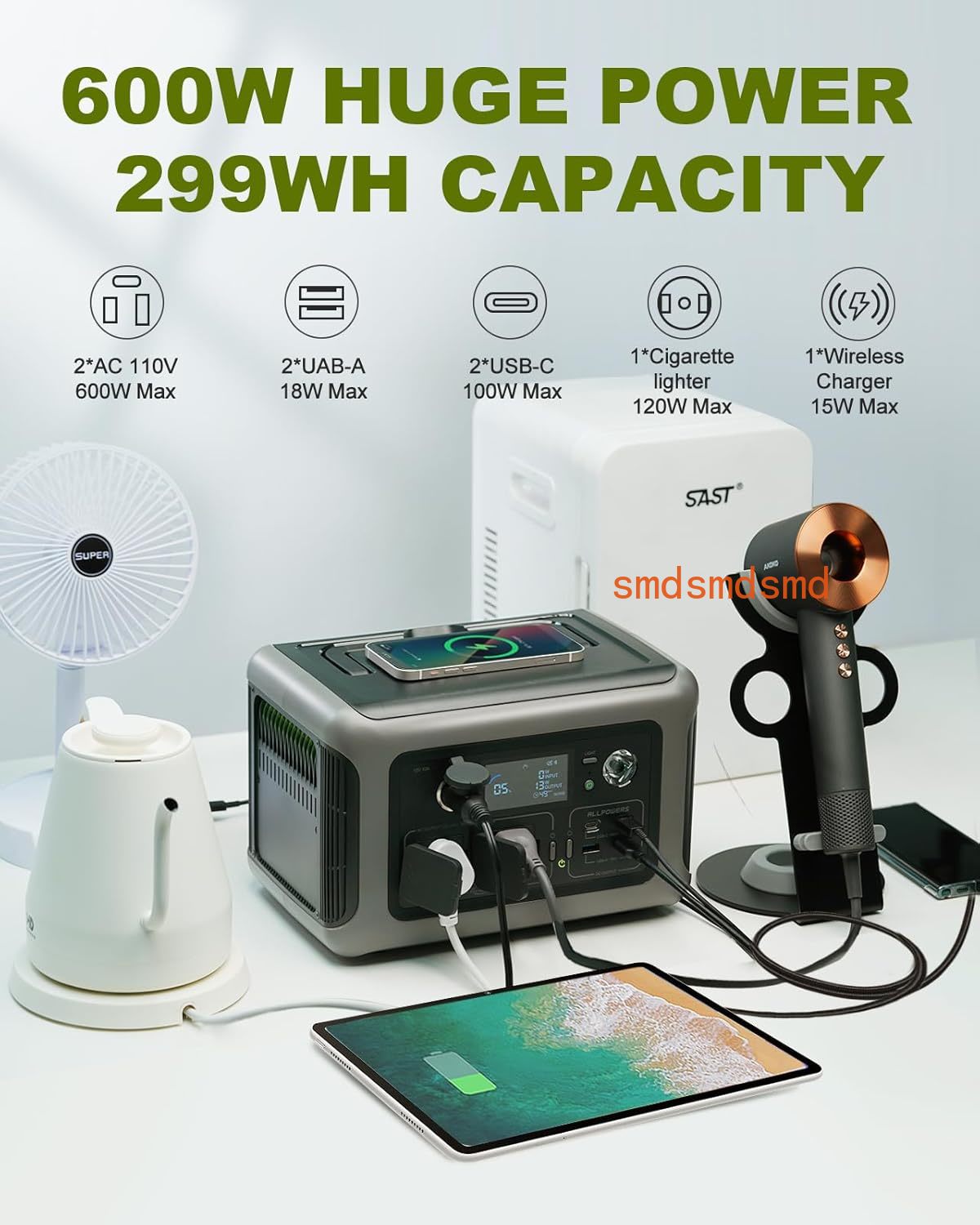 Portable Power Station 600W Ups - ポータブル電源 R600、299Wh 600W LiFePO4バッテリーバックアップ UPS機能搭載、最大入力400W、アウトドアキャンプ用