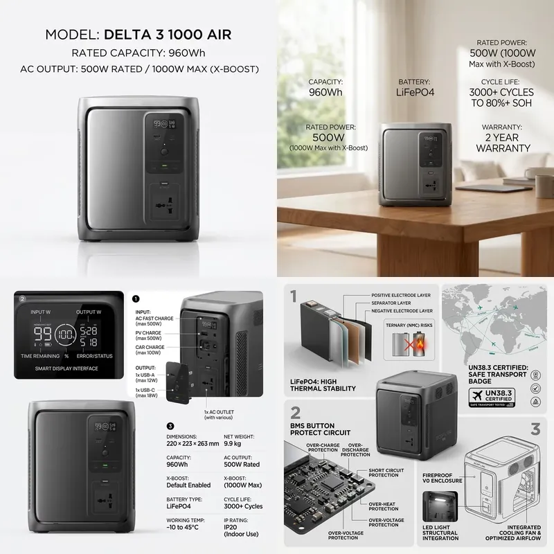 Portable Power Station 1000W Pure Sine - DELTA 3 1000：ソーラーパネル、純正弦波インバーター、MPPT、サージプロテクターを搭載した、持ち運び可能な1000Wのポータブル電源。車載用。中国製。