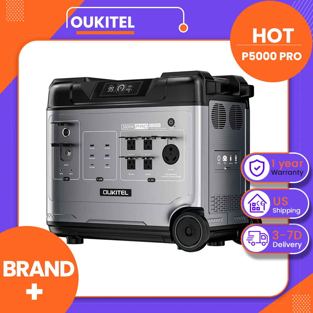 Portable Power Station 1000W Pure Sine - OUKITEL P5000 Pro ポータブル電源、5120Whのリチウム鉄リン酸バッテリー、3600WのAC出力、ソーラー発電機能、スマートアプリによる制御、2.8時間でフル充電、1000WのMPPTソーラー充電、緊急時、家庭用バックアップ、RV（キャンピングカー）、オフグリッド環境での使用に。